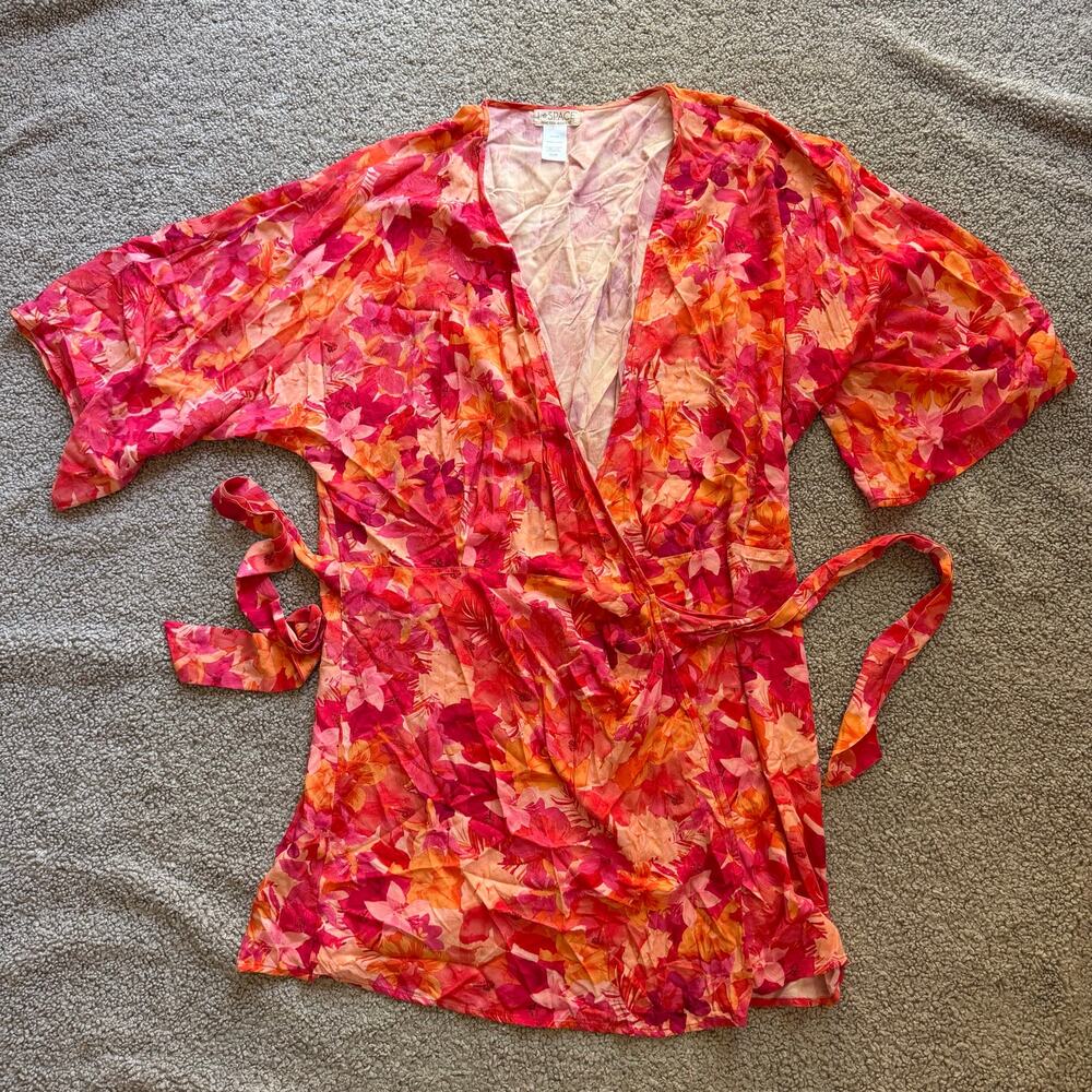 L*Space Pfeiffer Pink Orange Floral Wrap Mini Dress in Into the Tropics Print M